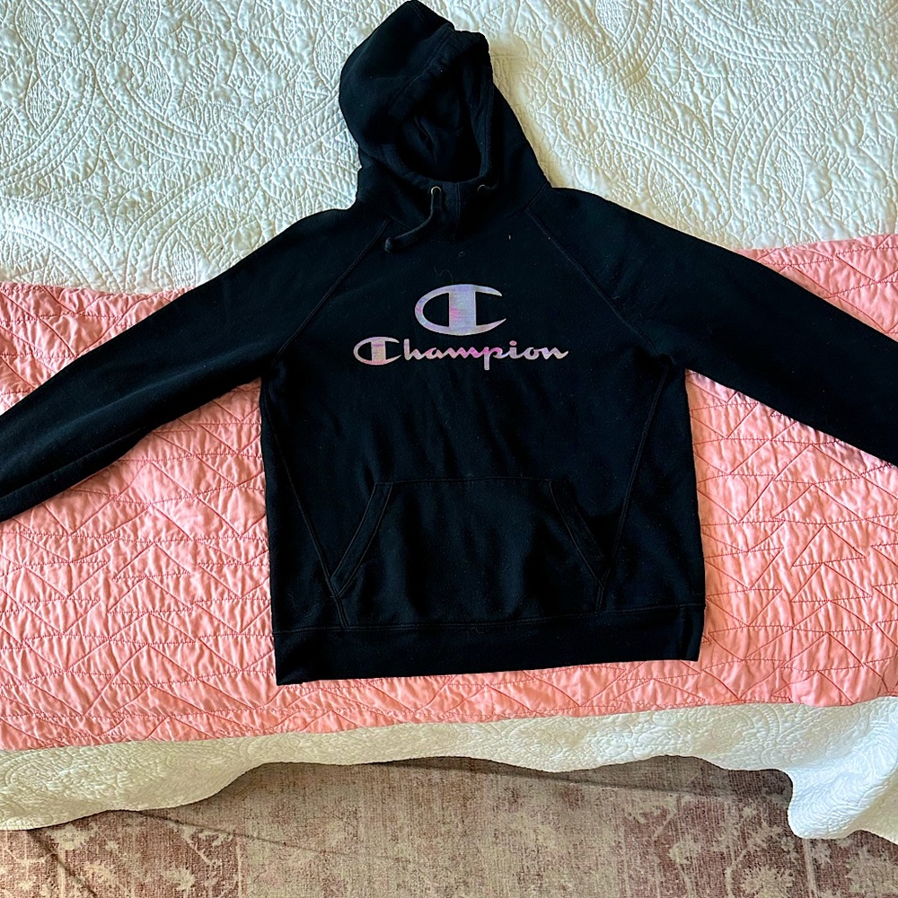 Black Champion Hoodie, size: small, logo has an iridescent shimmer